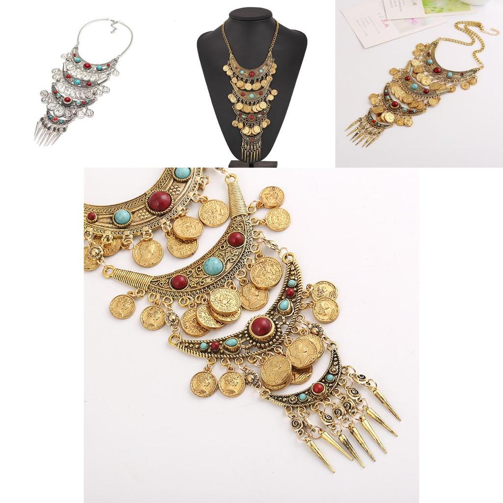 Vintage Coin Tassel Pendant Necklace With Multilayer Chain For Boho Style Women