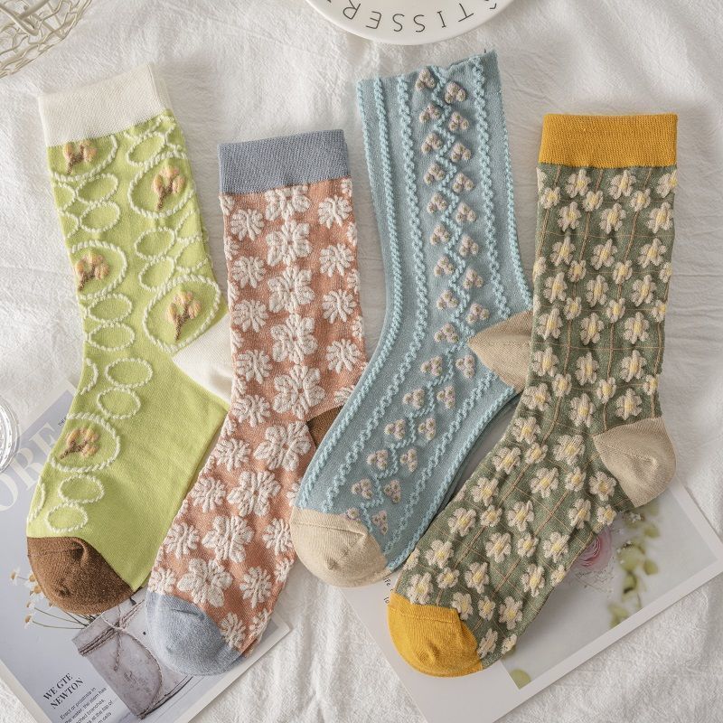 5 Pieces/white Floral Mid-tube Socks Women's Trendy Japanese Powder Fog Color Student Loli Spring Thin Section JK Socks Pink New