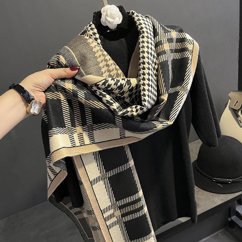 Exquisite Houndstooth Fashion Imitation Cashmere Scarf  Winter Versatile Decorative Warm Scarf Double Sided Large Shawl