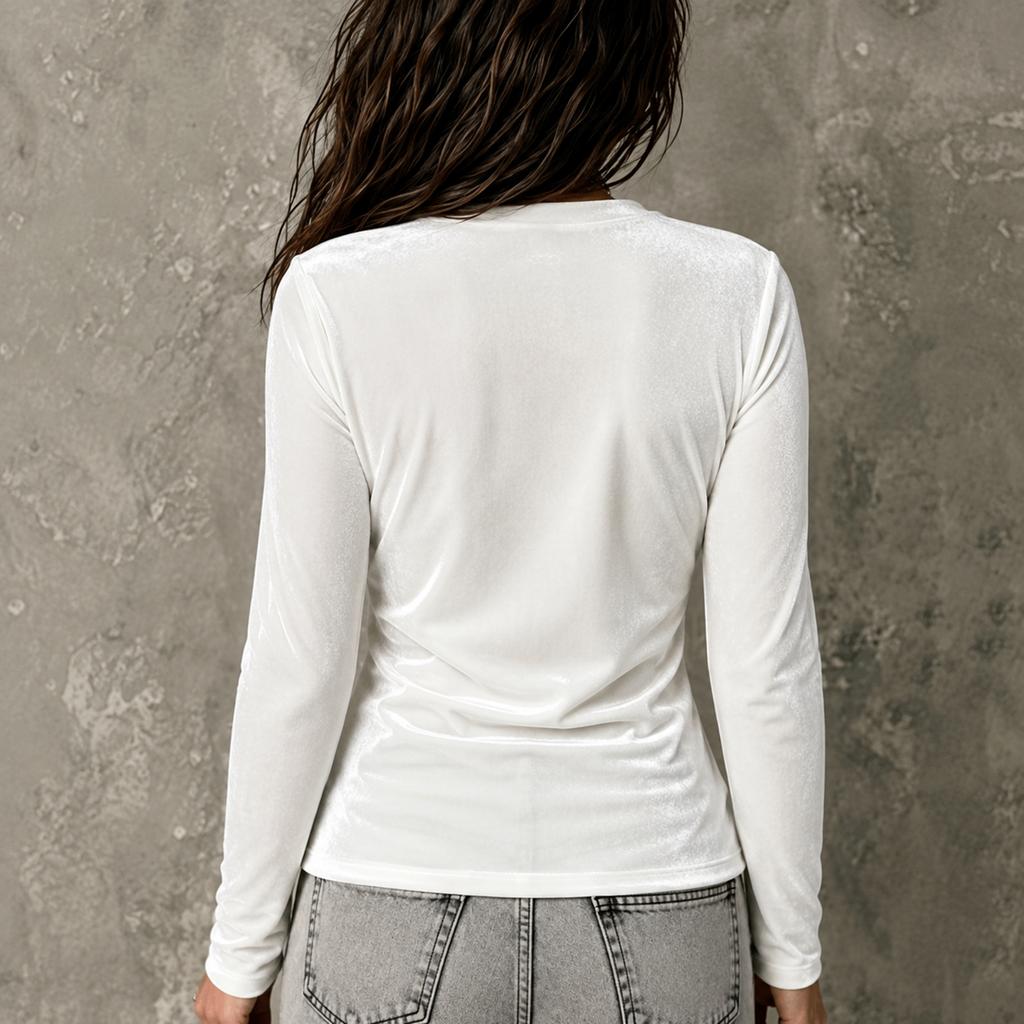 Women's Velvet V-Neck Long Sleeve T-Shirt with Cross Pleated Front for Casual Fall Wear