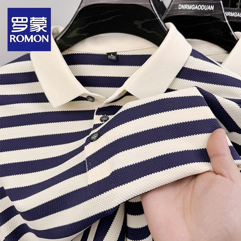ROMON Men s Striped Casual Short Sleeve Polo Shirt M