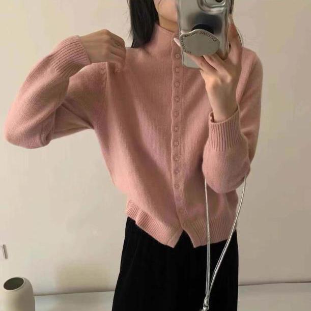 Soft Comfortable Stand-Up Collar Sweater Cardigan Women Simple Single Breasted Cardigans Coat Autumn Solid Knitted Outerwear