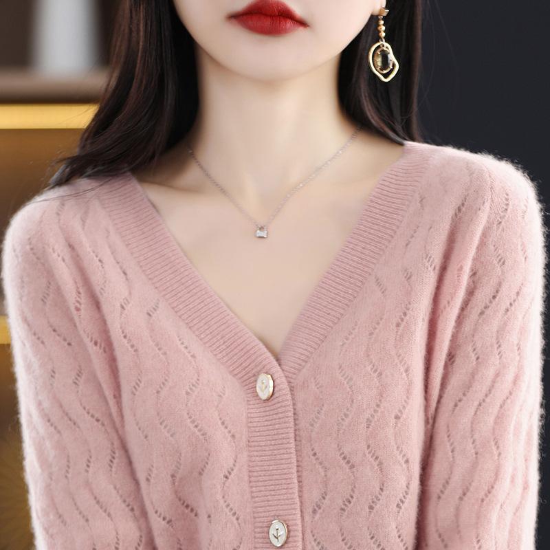 Early spring new cardigan women's thin outer V-neck solid color jacquard hollow coat sweater knitted top women