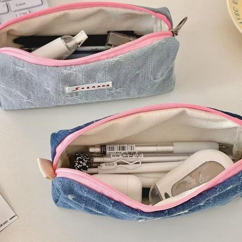 Ins Style Denim Pencil Case Cute Multi Functional Large Capacity Stationery Organizer Storage Bag Student Pen Bag Makeup Bag