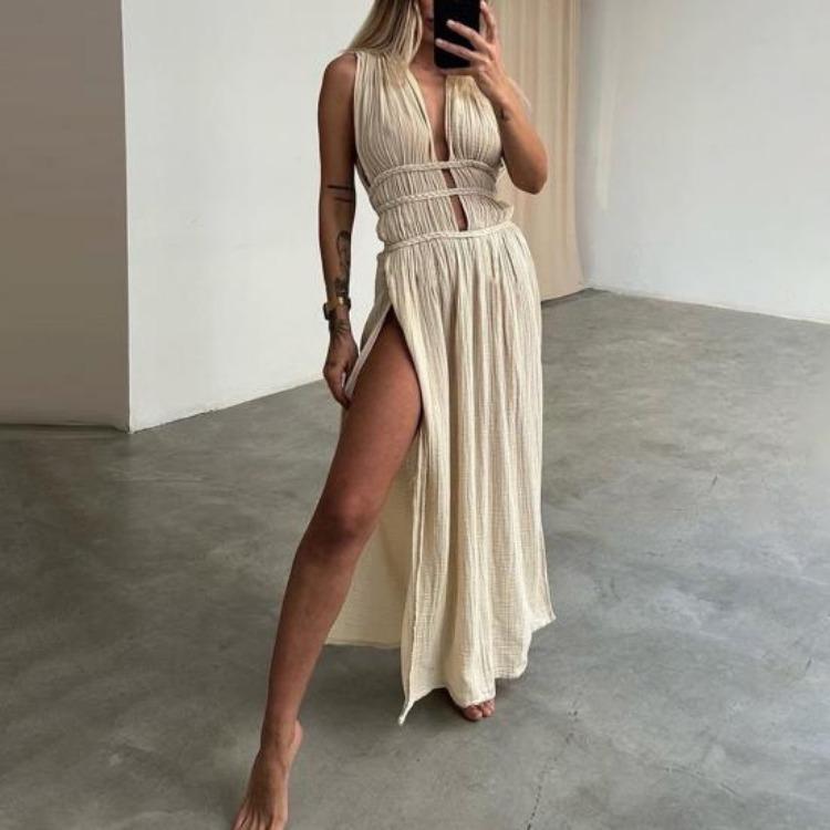 Vacation Beach Summer Maxi Dress Bohemian Style Deep V Neck Sleeveless Hollow Out Pleated Split Lace-up Belted Waist Long Dress
