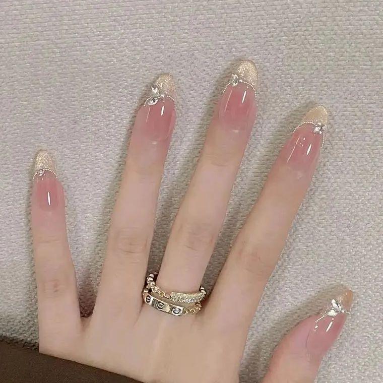 24 Stuks Verloop Nude Roze Kattenoog Druk Op Nagels Met Glitters Strass Parels Franse Tip Verwijderbare Kunstnagels