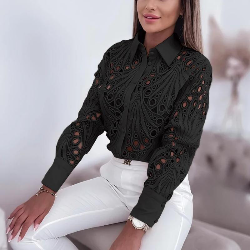 

Women s Blouses Hollowed Out Long Sleeved Shirt Casual Solid Button Up with Lapel and Open Front Camisas Femininas 2XL чорний