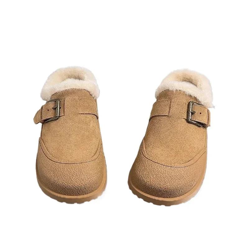 Fashion Lady Winter Shoes Warm Long Fur Inside Fashion Solid Khaki Color Woman Light Footwear Designer Suede Leather Shoes Slip-On Shoes