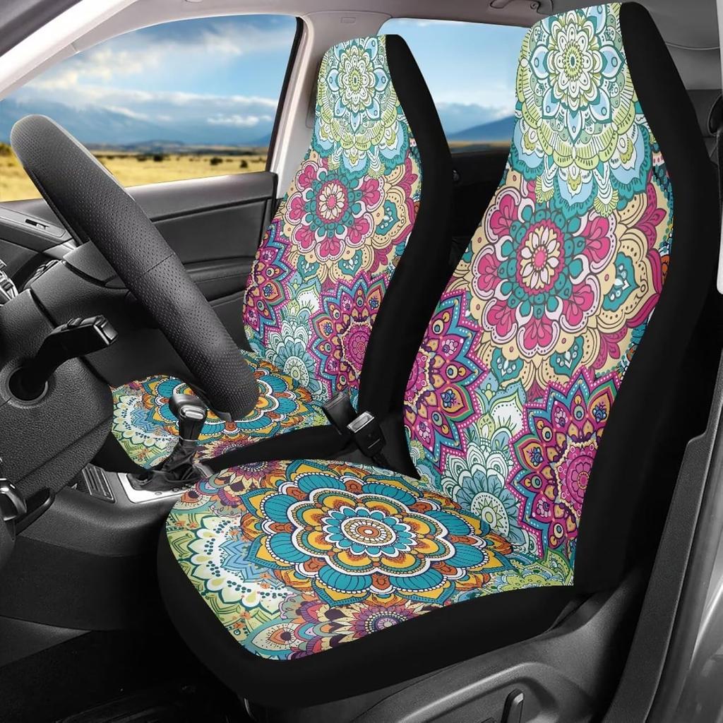 Bulopur Black Boho Floral Car Seat Covers Front Seats Only for Women Men Seat Covers w/Organizer Pocket for Cars SUV Truck Sedan
