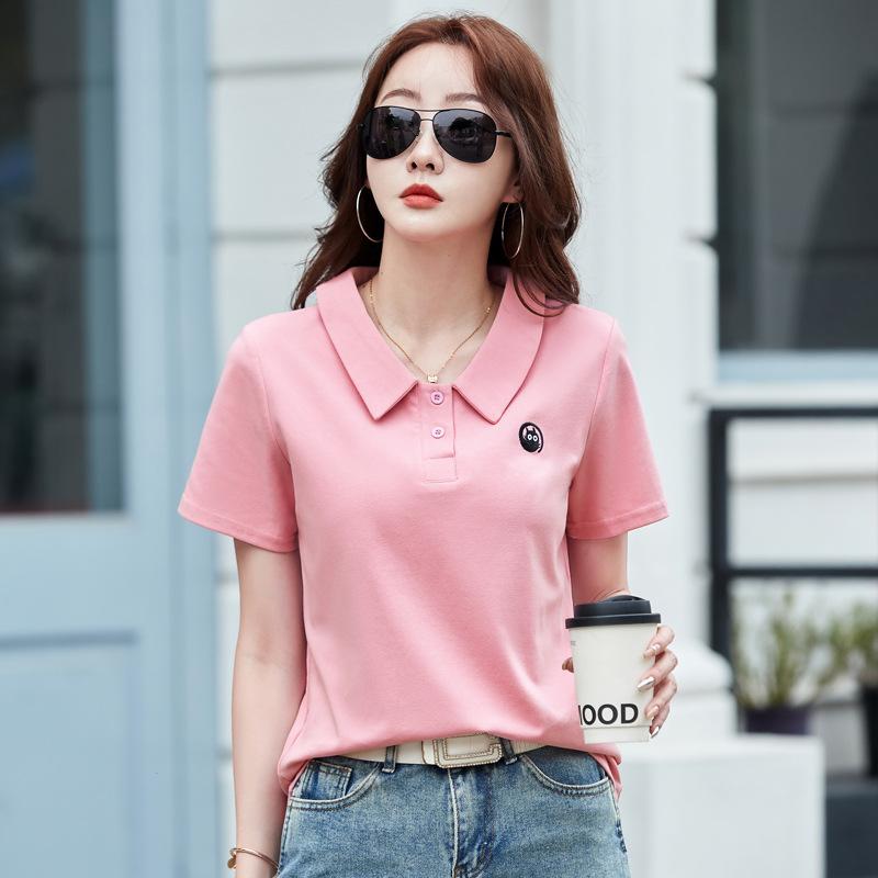 Summer Women's Fashion Loose Versatile Cotton Embroidery Lapel Short-sleeved T-shirt