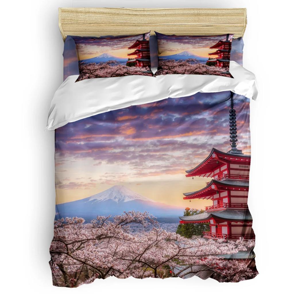 Set husă de plapumă roz pal, Ramură de Sakura cu flori de cireș Primăvară japoneză delicată, Set de lenjerie de pat decorativ din 3 piese, Mărime king