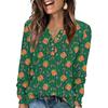 Women's Fashion V-Neck Button-Up T-Shirt With Christmas Print Long-Sleeved Top