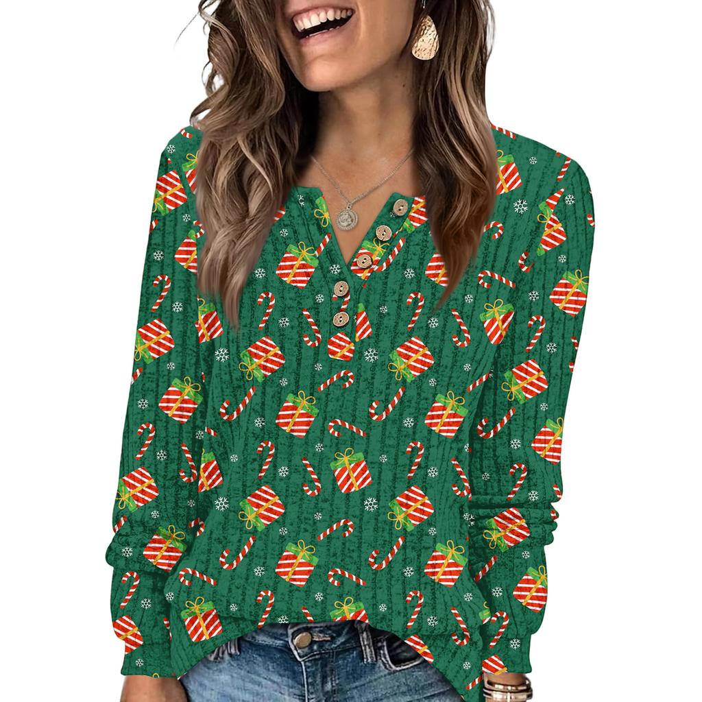 Women's Fashion V-Neck Button-Up T-Shirt With Christmas Print Long-Sleeved Top