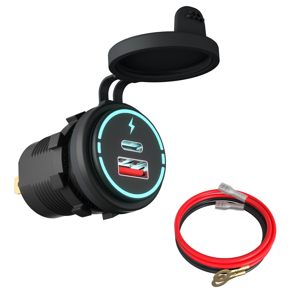 12V-24V Car QC3.0 Fast Charging USB and PD Dual Port for Car Motorcycles, h Bikes, SUVs, Boats IP66 Waterproof Multiple A