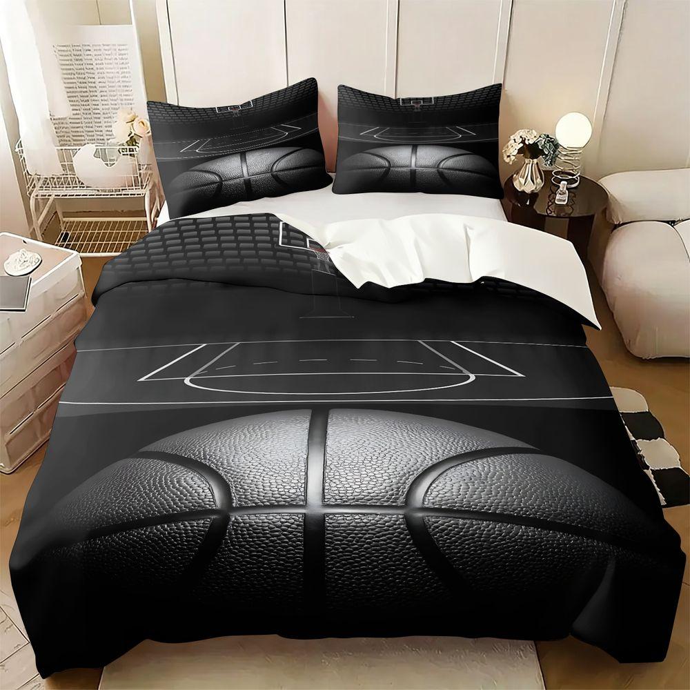 Dramatic Basketball Court Print Duvet Cover Set (1 Duvet Cover & 1/2 Pillowcase) Monochrome Sports Bedding Set for Teen Bedroom