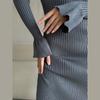 Women Elegant Solid Slim Long Sleeve Ribbed Knitted Dresses Autumn Winter Casual Basic V-neck Warm Sweater Dress