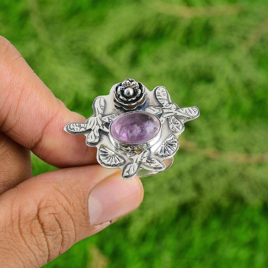 925 Silver Natural African Amethyst Multi Stone Flower Adjustable Ring