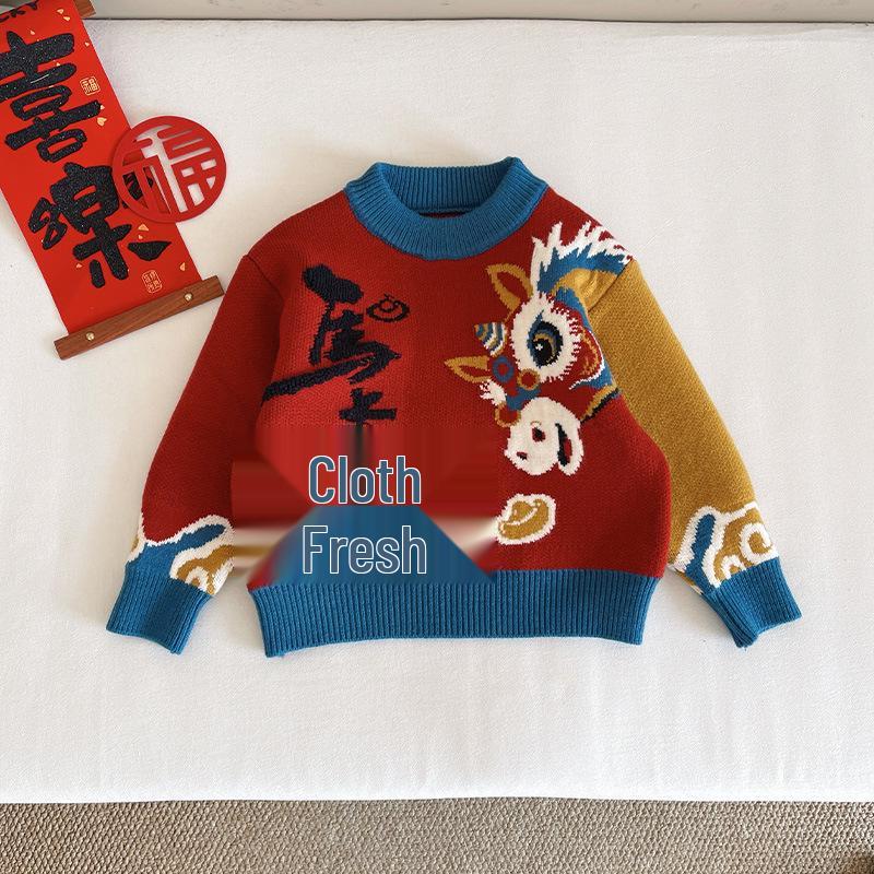 Winter 2025 Zodiac Horse Red Sweater: Boys  Thick Knitwear in Chinese Style 120 cm