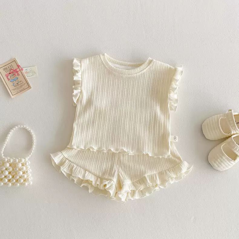 Girls Summer Ruffled Solid Short Sleeve Shorts Set Lightweight Breathable Two Piece Outfit For Toddler Kids 73cm