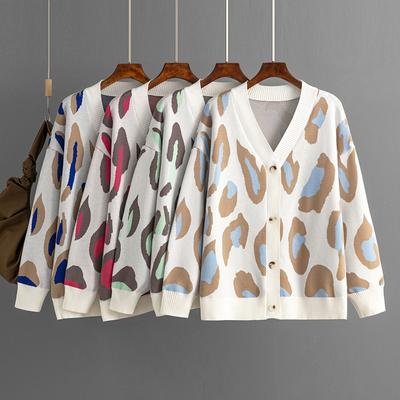 Women's Colorful Leopard Print Jacquard Cardigan Autumn and Winter Fashion Knitted Jacket Loose Sweater