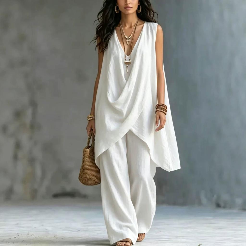 2026 spring and summer cross-border new Amazon women's sleeveless stand-up collar solid color temperament loose cotton and linen fashion style suit