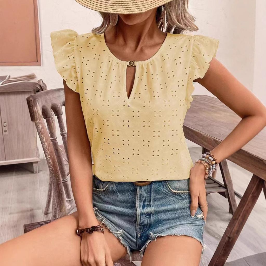 Jacquard V-Neck Push-Up Sleeve Short Sleeve T-Shirt Top,Women's