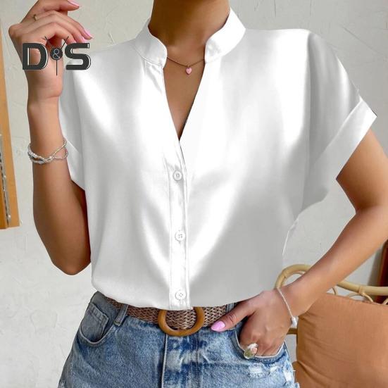 Dámská košile s výstřihem do V límec Jednořadá s krátkým rukávem Jednobarevná Hedvábně hladká Formální Business OL Dámská top halenka ve stylu dojíždění