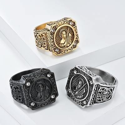 American Vintage Cross Portrait Ring Men's Personalised Hip Hop Stainless Steel Old Thumb Finger Ring Male Diamond Zirconia Jewellery