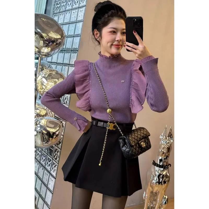 Women's Spring 2025 Korean Style Ruffle Sweater & High-Waisted Midi Skirt Two-Piece Set