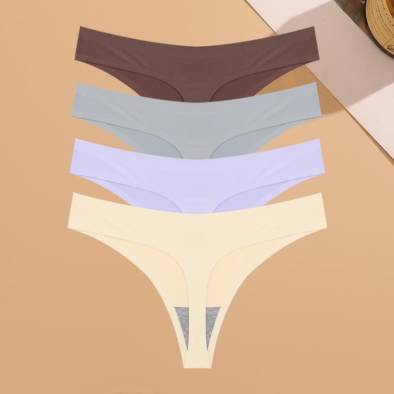 4PCS Ultra-thin Seamless Underwear Women's Invisible Panties Sexy Ice Silk Thongs Low Waist Breathable Bikini Stretchy Lingerie