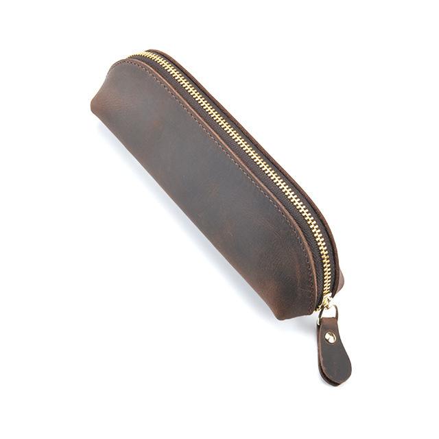 Crazy Horse Leather Zipper Pencil Case Handmade Genuine Leather Retro Pen Organizer Bag