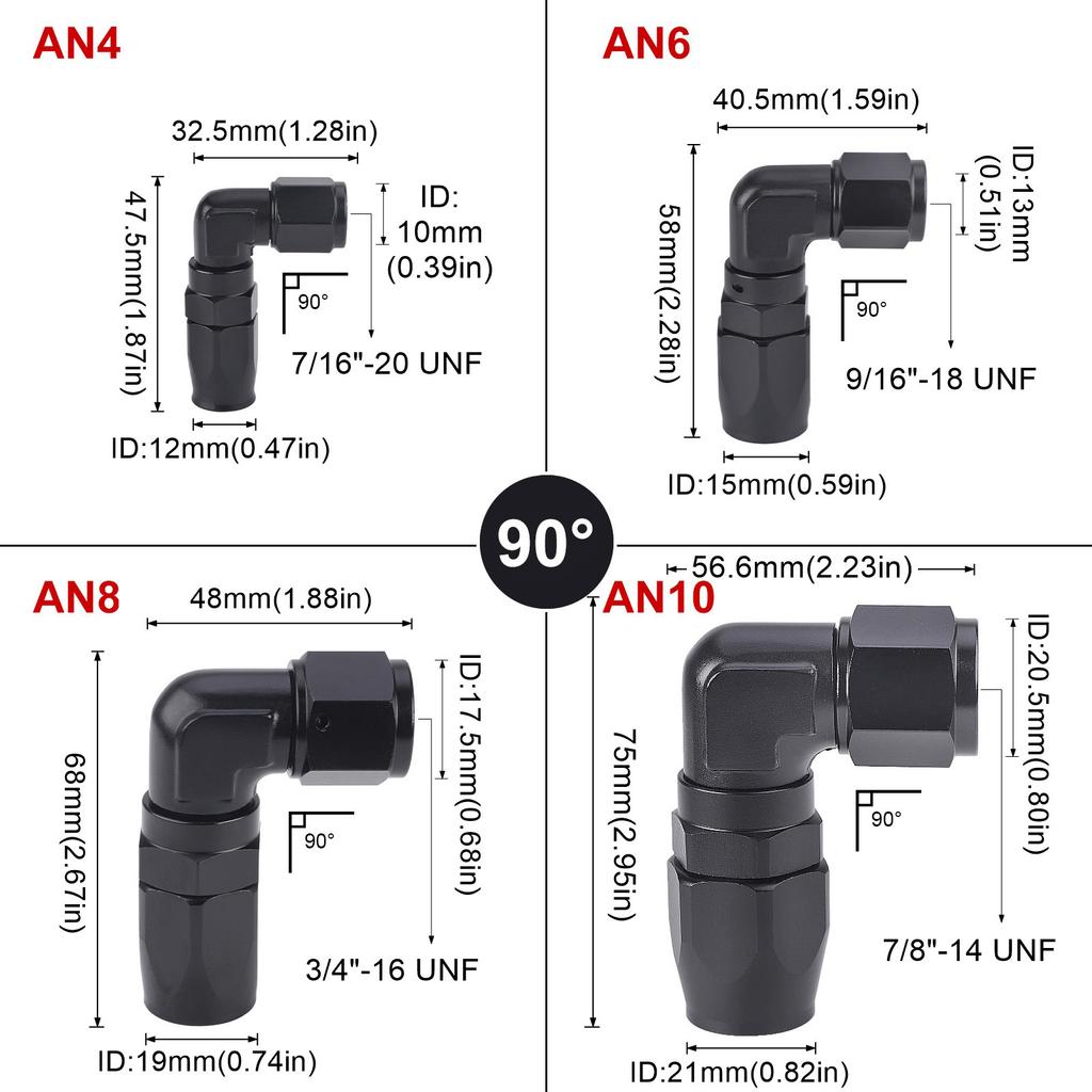 Black 45 Degree 90 Degree Aluminum AN4 AN6 AN8 AN10 Forged Type Swivel Hose End Fitting Adapter For Car CPE Oil Cooler Fuel Line