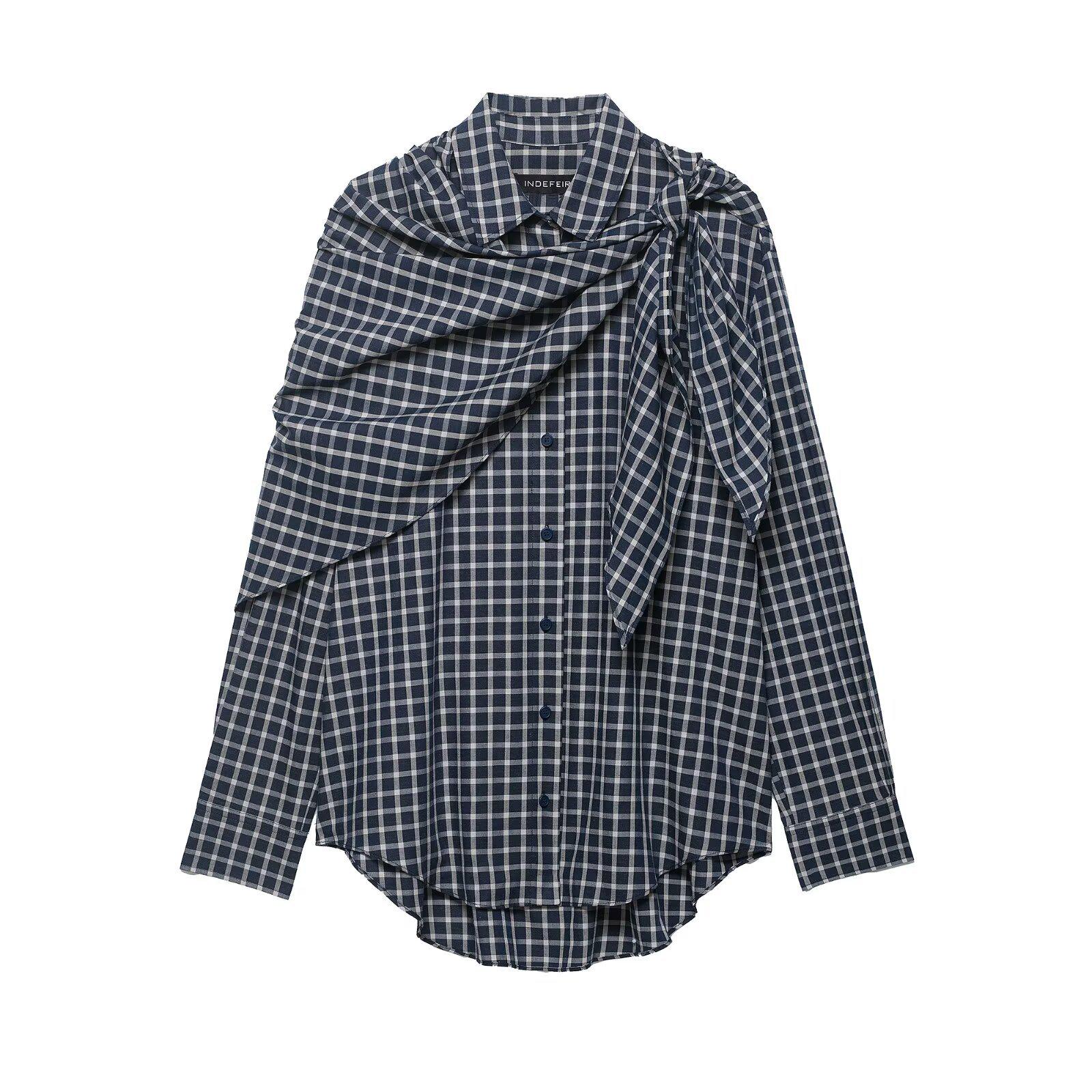 2025 Autumn/Winter Women s Striped Scarf Shirt - European American Style, Single-breasted S