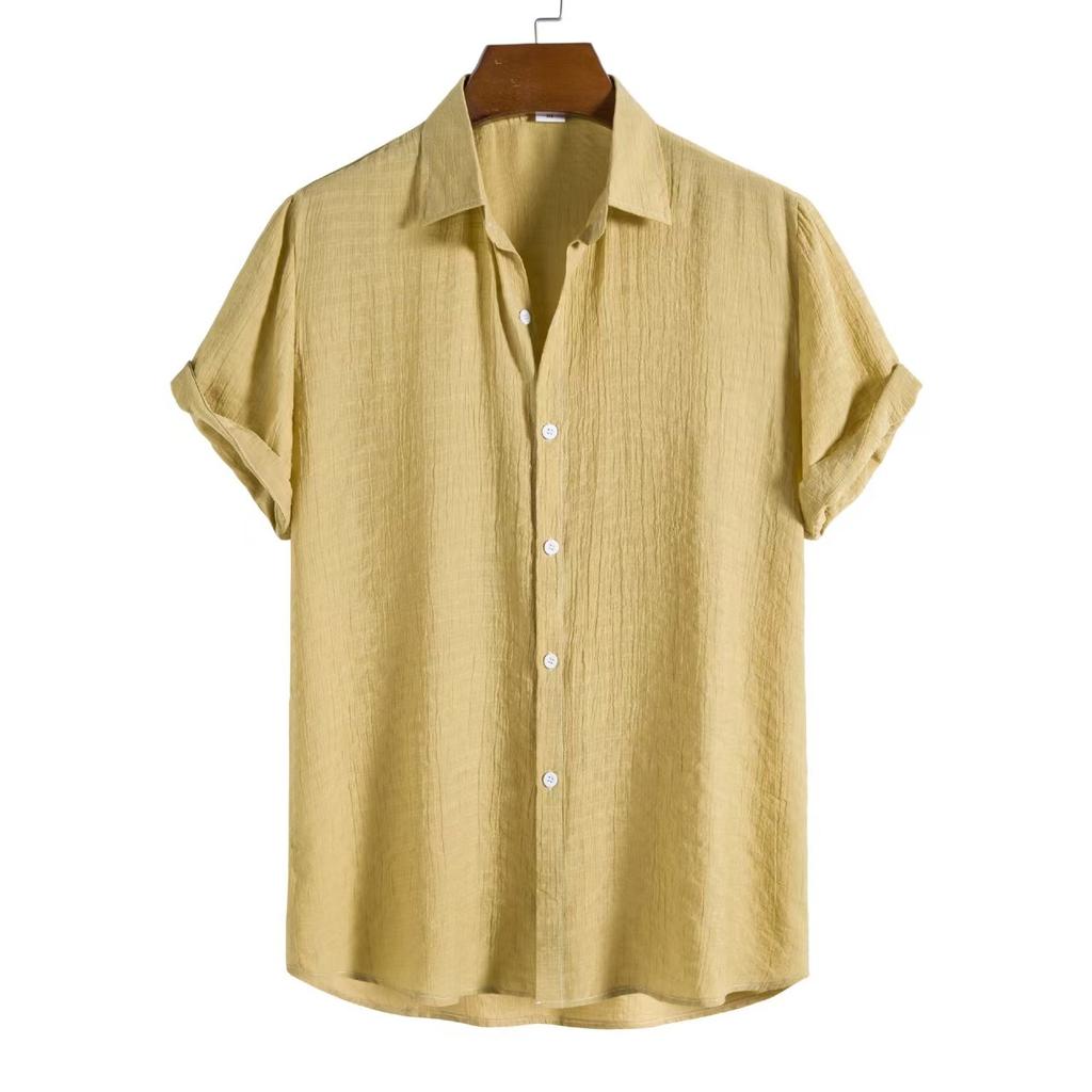 Man cotton shirt men's fashion trend solid color shirt dark compartment short sleeve men's shirt men's