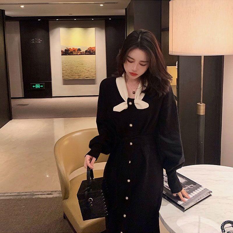 

Красное вязаное платье осень и зима новое платье для помолвки длинная юбка-свитер XL чёрный