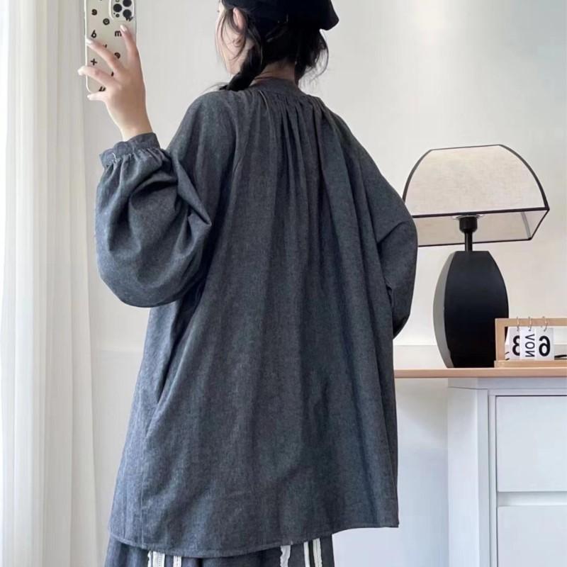 Johnature Japanese Forest Bow Tie Cotton Midi Shirt Women Spring Autumn Casual Loose Balloon Sleeve Tops