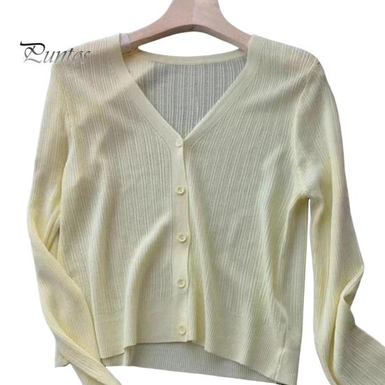 Sun Knit Cardigan for Women Long Sleeve V-Neck Button Up Thin Ice Silk Coat Summer Ribbed Cropped Top for Outdoor Travel Work Beach
