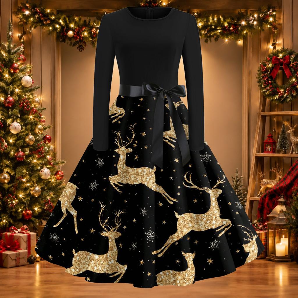 Women's Casual Christmas Print Neck Vintage Dress for Holiday Party