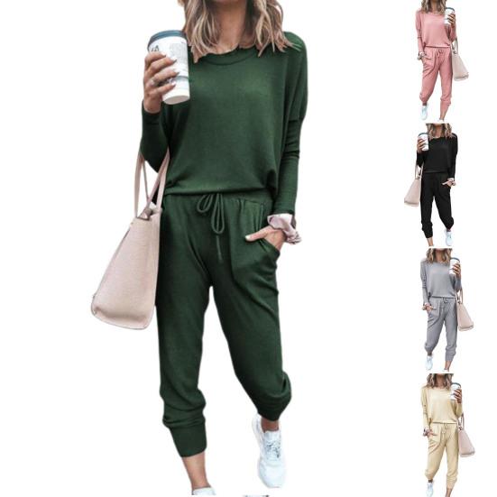 2 Pcs/Set Women Suit O Neck Solid Color Loose Simple Pants Suit for Daily Wear