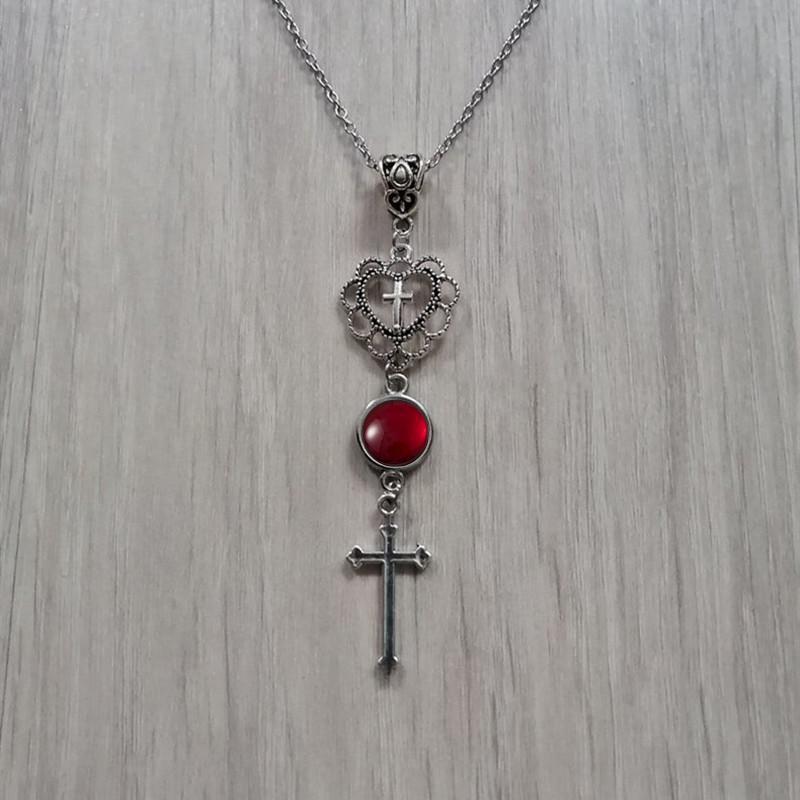 Gothic Cross Necklace Pendant With Agate Heart For Vintage Jewelry Enthusiasts