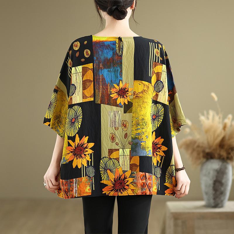 DIMANAF 2024 Summer Plus Size Dámská trička Potisk Květinový Elegantní Batwing Top Trička Trička Volné Ležérní Lněná košile 91706