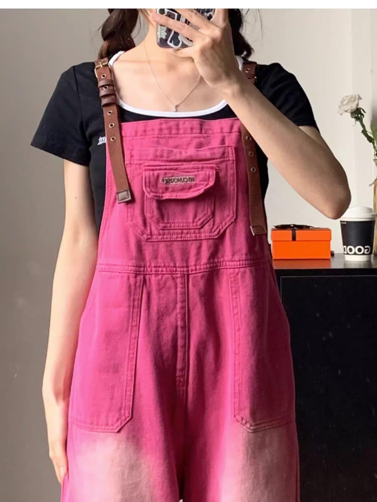 Retro Pitaya Red Denim Women s Summer Overalls - Loose Fit, Straight Wide Leg Jumpsuit XL