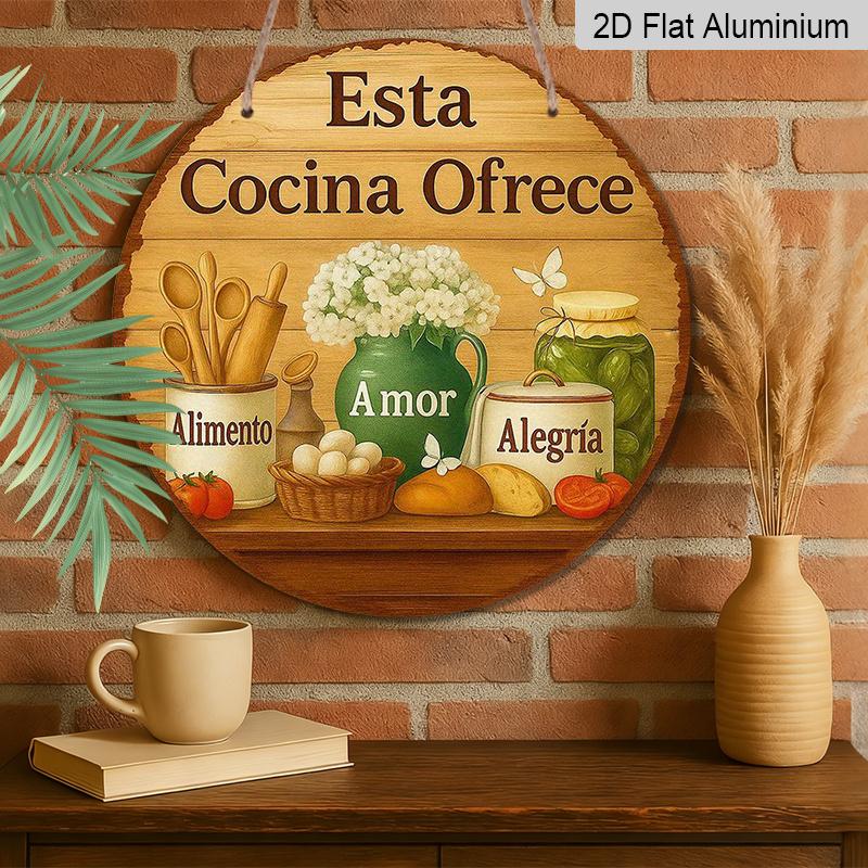 2D Flat, 1pc 7.87 Inch Round Aluminum Sign, "This Kitchen Offers Love & Joy" Rustic Farmhouse Kitchen Design, Vintage Food & Floral Metal Wall Art