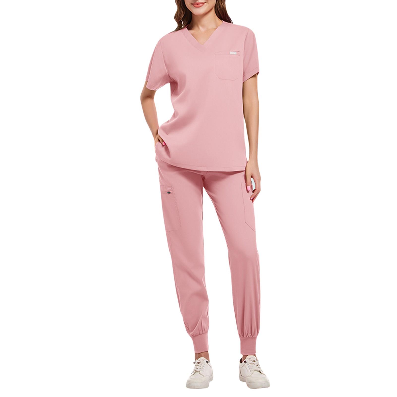 

Женский комплект из двух предметов, однотонный топ с короткими рукавами и карманами, рабочая одежда, комплект из двух предметов M розовый