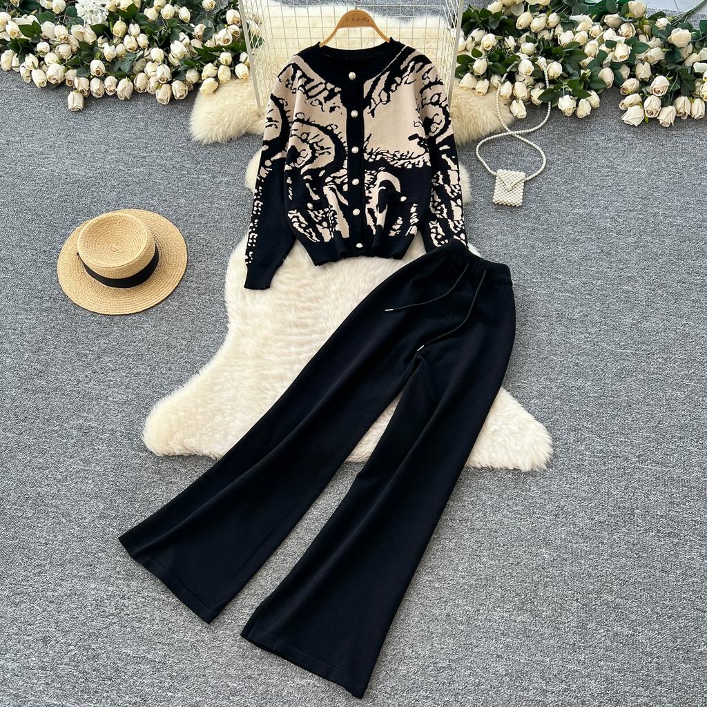 Autumn Winter Women Casual Print Knitted Sweater Trouser Two Piece Set Single Breasted Jacket Tops and Drawstring Pant Tracksuit