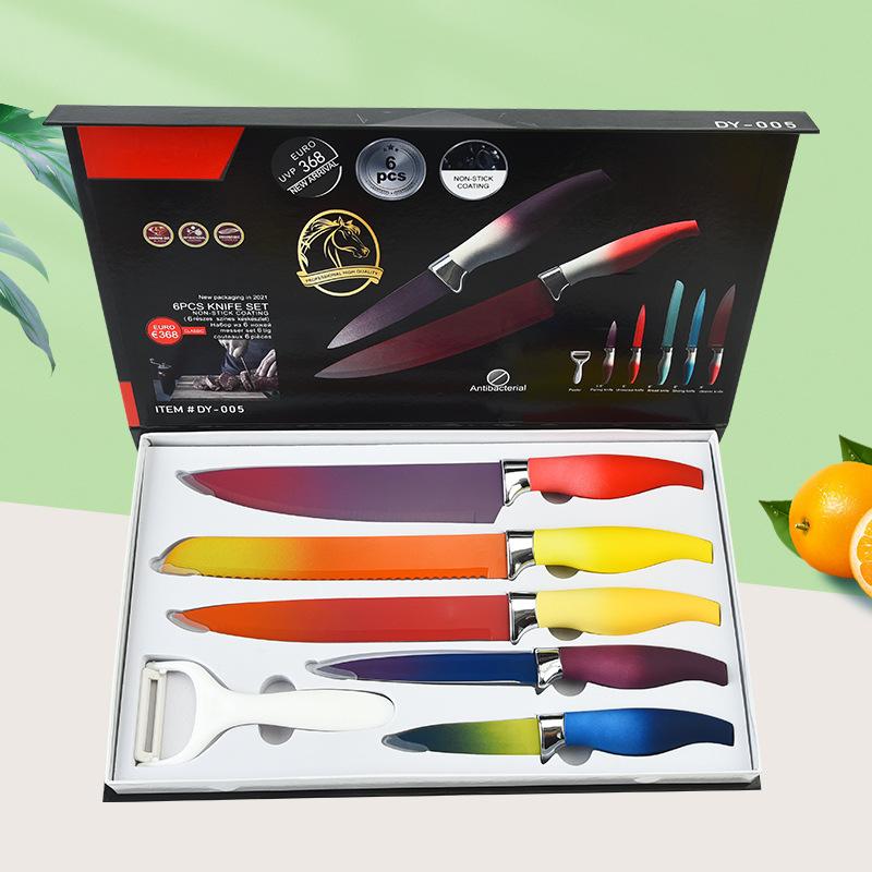 

Градиентный цвет, шесть предметов, кухонный набор ножей из нержавеющей стали, подарочная коробка, набор ножей для упаковки