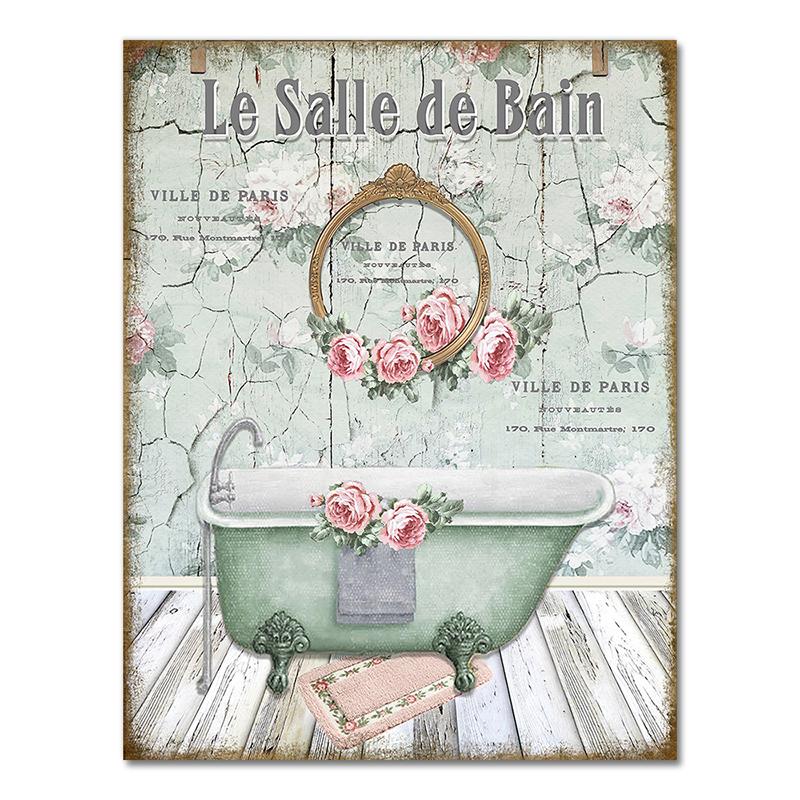 Vintage French Style Posters Bathroom Bathtub Canvas Painting Decoration Watercolor Floral Room Decor Wall Art Painting Pictures