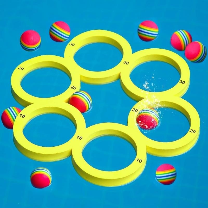 Foam Rings Toy Pool Floats with 10 Colorful Tossing Balls Water Sports Floating Pool Game Toy for Family Gatherings
