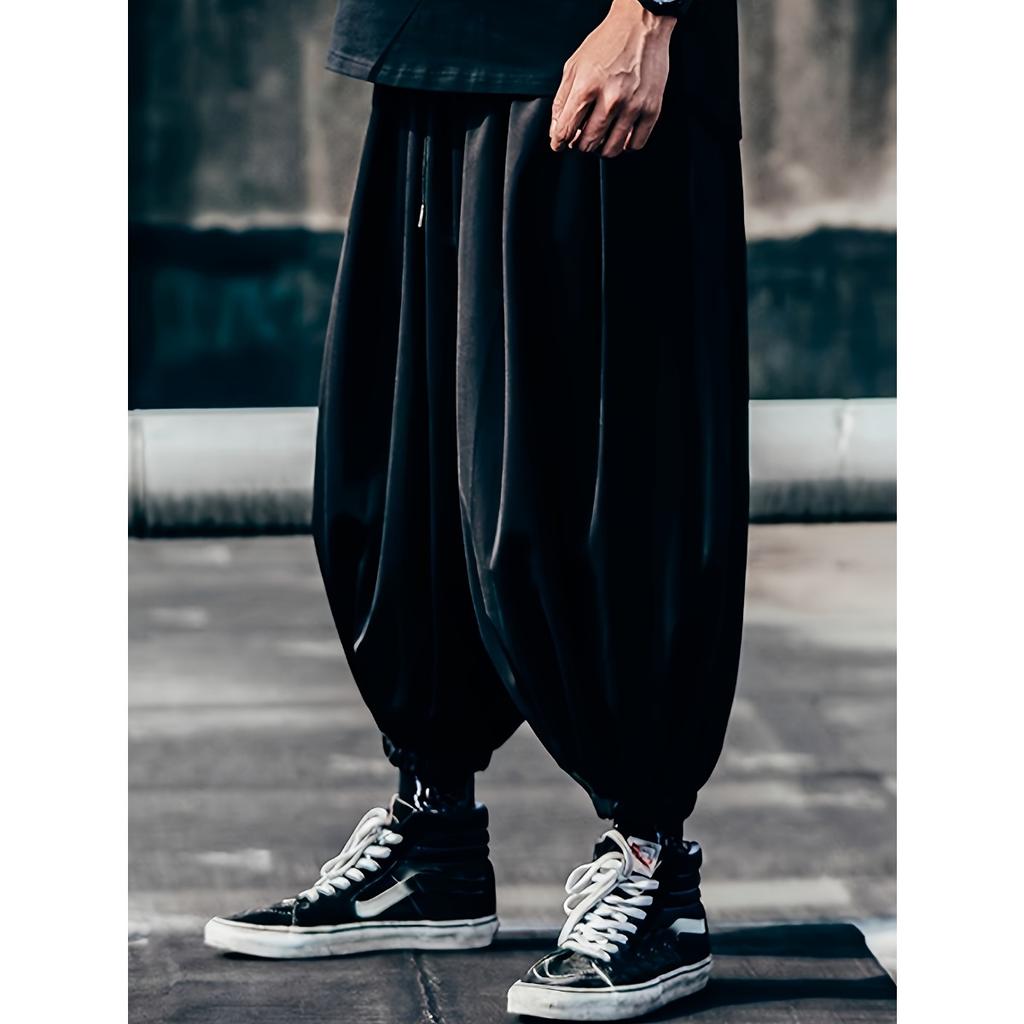 Men's Casual Loose Polyester Pants, 100% Polyester Fabric, Solid Color Regular Length, No Stretch, Super Loose Style