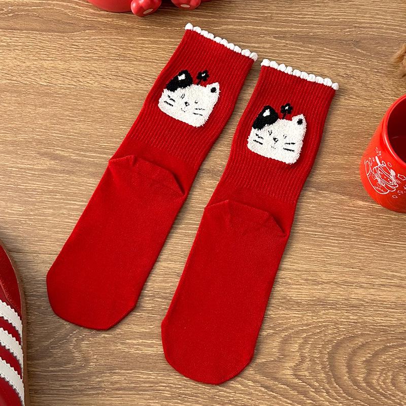 2026 Year of the Horse Red Mid-Calf Women s Socks, 3D Flocked Lucky Cotton Autumn/Winter.